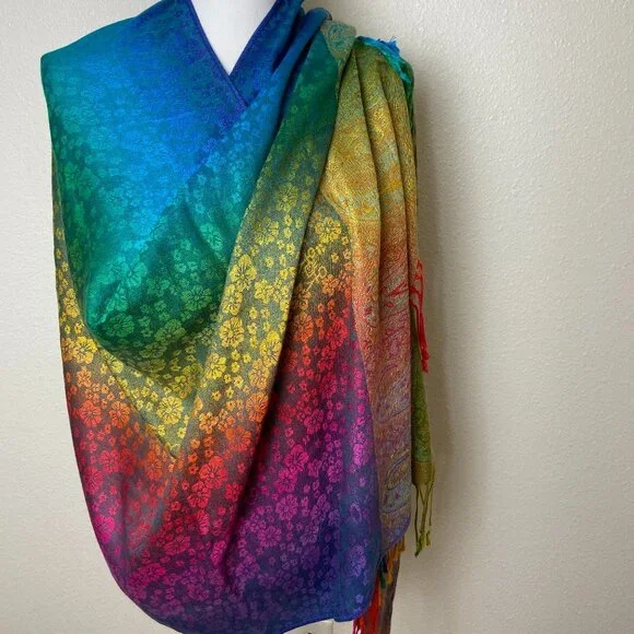 RARE! NWOT Pashmina 100% Pashmina Scarf Wrap Shawl 27 x 70" Rainbow - Picture 1 of 7